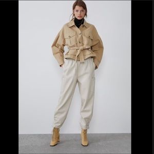 Zara Belted Denim Jacket with Pockets - Beige/Tan